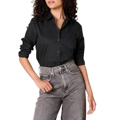 Imagen de Amazon Essentials Camisa de Popelín con Botones, Manga Larga y Ajuste Clásico Mujer, Negro, M