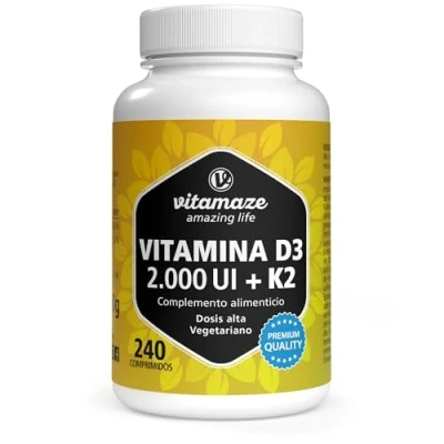 Imagen de Vitamaze® Vitamin D3 K2 high dose, 2000 IU Vitamina + 100 mcg MK7 All Trans, 240 comprimidos D sin aditivos innecesarios, Fabricado en Alemania