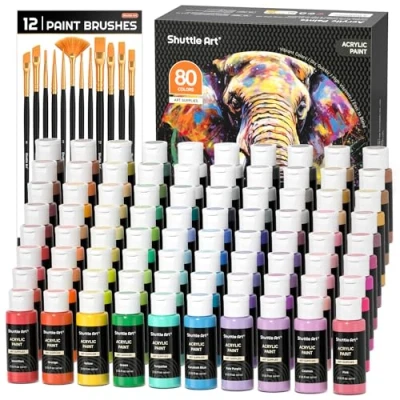 Imagen de Shuttle Art 92PCS Pintura Acrílica, 80 Colores Acrílico (60 ml) con 12 Pinceles, Ricamente Pigmentado, para Tela Lienzo Piedra Madera, Acrilicos Pintar Artistas, Principiantes
