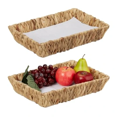 Imagen de Relaxdays Set 2 Fruteros, Fibra Jacinto de Agua, Cuencos Rectangulares, Frutas o Pan, 7x34x24 cm, Estilo Boho, Natural, Algodón