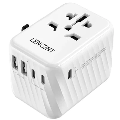 Imagen de LENCENT Adaptador Enchufe Universal para Viaje, Cargador Internacional con 3 Puertos USB C de 5,6A y 2 A, Europeo Móvil, Tableta, Portátil, EU/USA/UK/AU, Blanco