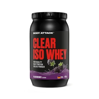 Imagen de Body Attack Clear Iso Whey Blackberry, 900 g, fabricado en Alemania, aislado de proteína suero leche, 24 g y 11.400 mg EAA por batido iso, sin azúcar ni grasa