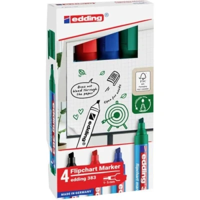 Imagen de edding 383 marcador para flipcharts juego de 4 negro, rojo, azul, verde punta biselada 1 5 mm rotulador escribir, dibujar y marcar sobre papel recargable, no traspasa, mancha