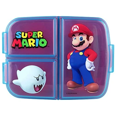 Imagen de p:os Super Mario Fiambrera Infantil con 3 Compartimentos, de Plástico Cierres Clip para Vivero, Escuela y Tiempo Libre Multicolor