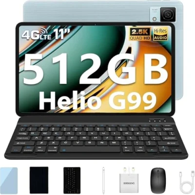 Imagen de DOOGEE T40 Tablet 11 Pulgadas 20GB+512GB/2TB Android 14 2.5K FHD+, Helio G99 LTE/8580mAh/16MP, Dual Sim 4G con Teclado+5G WiFi/Face ID/OTG/GPS/3.5mm Jack PC Funda,Raton