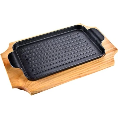 Imagen de YISHUOYZBS plato para servir de hierro fundido presazonado, carne con base madera, 32 x 21 cm