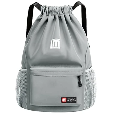 Imagen de Eucomir Mochilas De Cuerdas, Mochila Deporte Gym Malla Agua, Bolsa Cordón Impermeable Nylon Gimnasio Con Cremallera Exterior Para Deportes Vacaciones,Gris