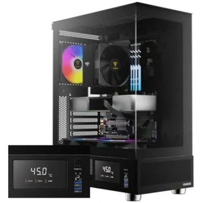 Imagen de GAMDIAS Atlas E1 ATX Mid Tower PC Case, Monitor en Tiempo Real, Ventiladores ARGB de 3 x 120 mm, Vidrio Templado sin Costuras, Rejillas Laterales Alto Flujo Aire, Color Negro