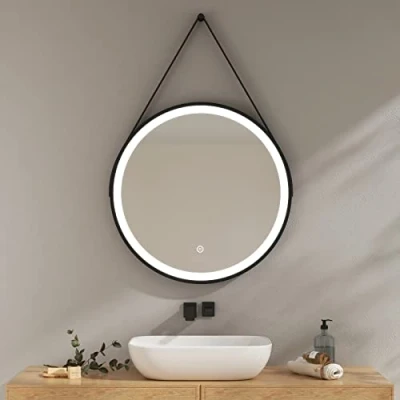Imagen de EMKE Espejo Baño con Luz 60 cm Diámetro, LED Redondo Interruptor tactil + Función de Memoria, Marco Negro Bandolera Ajustable Pared Modelo C