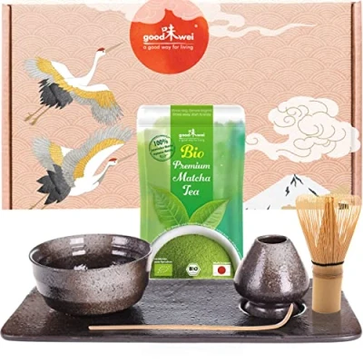 Imagen de Goodwei juego de matcha para ceremonia té japonesa, 6 piezas cuenco matcha, soporte escoba y bandeja con diseño a auténtico orgánico Japón (Goma)