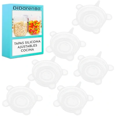 Imagen de Tapas Silicona Ajustables Cocina para botes latas tazas vasos reutilizables Sin BPA Ecologicas Resistentes a Altas y Bajas Temperaturas Apta Lavavajillas transparente