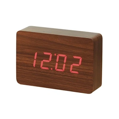 Imagen de Gingko Reloj despertador recargable con LED de ladrillo activación sonido (hora, fecha y temperatura), nogal/LED rojo