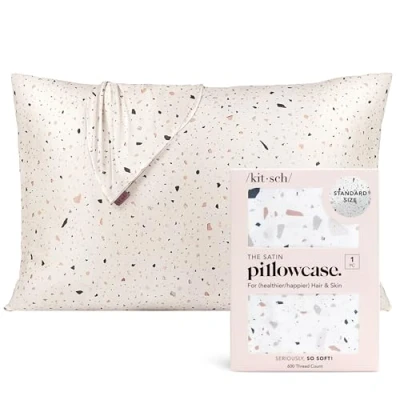 Imagen de Kitsch Funda de Almohada refrescante 100% satén con Cremallera, más Suave Que la Seda, Ideal para el Cabello y Piel (Estándar/Queen, 1 Paquete, Terrazzo Blanco)