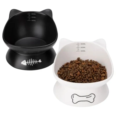 Imagen de Navaris Comedero Gato Elevado 2X Comederos Gatos Elevados 400 ml con Medidas de Volumen y Bebedero Ceramica Apto Lavavajillas Blanco/Negro