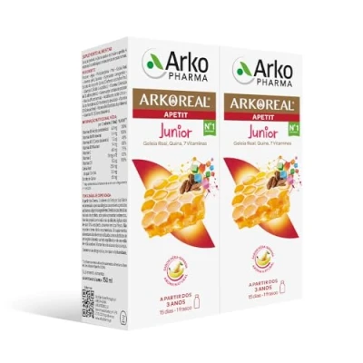 Imagen de Arkopharma Arkoreal Jarabe Apetit Junior 150 ml Pack x2, Jalea Real, Quina y 8 Vitaminas, Estimula el Apetito, Sabor a Pera Plátano, Complemento Alimenticio