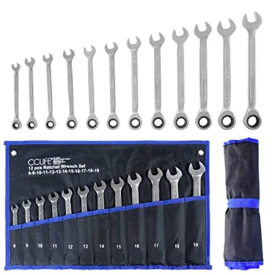 Imagen de CCLIFE Juego de Llaves Fijas con Carraca combinadas trinquete, 12 piezas 8 19 mm Cr V 72 dientes