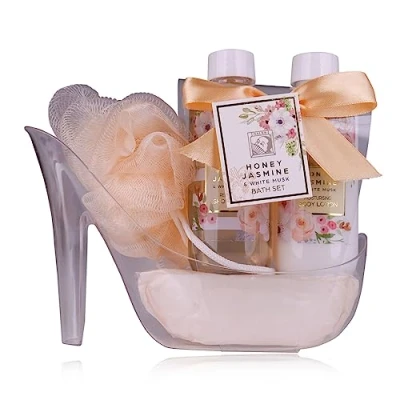 Imagen de Accentra set de ducha regalo para mujer HONEY JASMINE en hermosos tacones cuidado 3 piezas con gel ducha, loción corporal y esponja baño bienestar