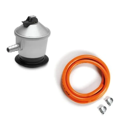 Imagen de COMBOI Regulador de gas butano con válvula seguridad + manguera 1,5 m 2 abrazaderas