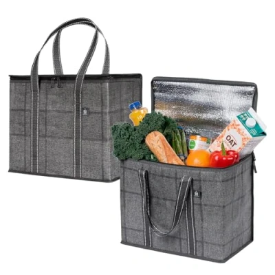 Imagen de VENO Pack de 2 Bolsas Térmicas para Comida, Bolsa Porta Alimentos Grande con Asas, Cierre y Tapa, Nevera Térmica Delivery, Compra Sostenible,Reutilizable, Plegable(Cuadros Negros,Pack 2)