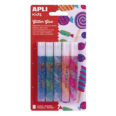 Imagen de APLI Kids Rotulador, glitter glue arcoiris 3D, 5 colores (17611)