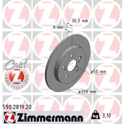 Imagen de ZIMMERMANN COAT Z 590.2819.20 Disco de freno 259 9 7/5 5 100 macizo revestido TOYOTA: Corolla XII Familiar, Berlina, Prius Plus