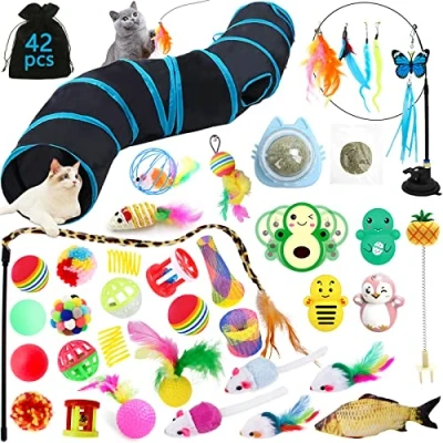 Imagen de YUTUY Juguetes para Gatos, 42 Piezas Set de con Túnel ,Palo Divertido,Ratones,Hierba Gatera,tumbler,Peces,Bolas y Campanas etc