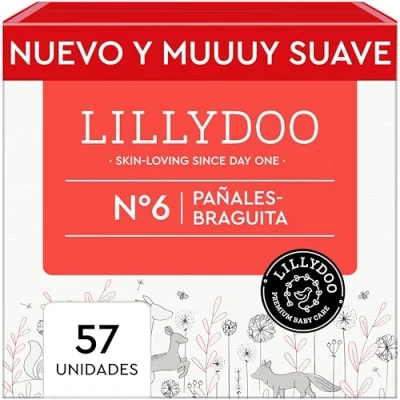 Imagen de Pañales braguita LILLYDOO talla 6 (13+ kg), caja de medio mes (57 unidades), protección contra fugas, delicados con la piel, suaves, sin perfumes ni lociones, dermatológicamente testados