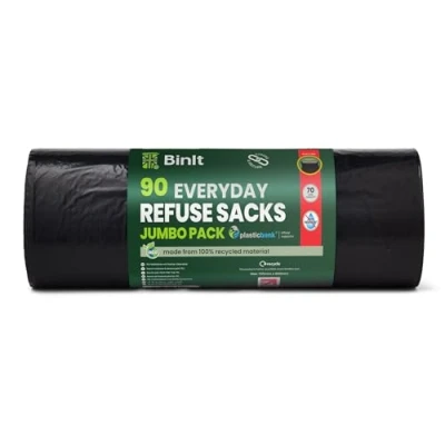 Imagen de BinIt Paquete de 90 bolsas basura para uso diario, 70 L, resistentes y seguras, basura, parte superior plana, recicladas, a desgarros, 30 μm, perfectas