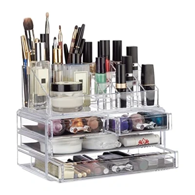 Imagen de Relaxdays Organizador Maquillaje de 4 Cajones, Fibra Acrílica, Transparente, 19 x 23.5 14 cm