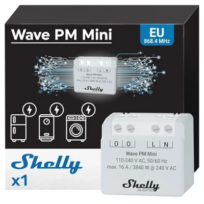 Imagen de Shelly Wave PM Mini, Contador de Consumo Eléctrico Z Wave, 1 Canal 16A, Medidor Inalàmbrico inteligente, Necesita hub Control remoto