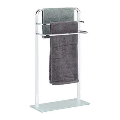 Imagen de Relaxdays Toallero de Pie con 3 Barras, Metal Cromado Cristal Esmerilado, Blanco Plateado, 80x45x20 cm