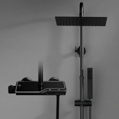 Imagen de Görbach Columna de Ducha con Rubinetto Termostatico Negro Set Grifo Barra Altura Ajustable Acero Inoxidable Cromo y Alcachofa Baño Cabezal Iluvia (25x25cm cuadrado)