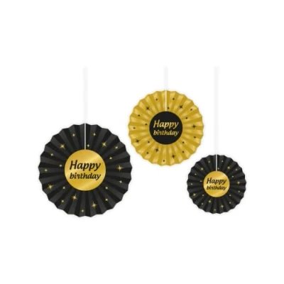 Imagen de PD Party Abanicos de papel Happy Birthday para cumpleaños Decoración feliz oro negro fiesta niño y niña Abanico 3 pzs.
