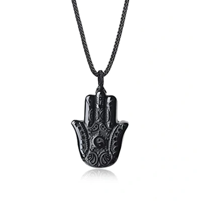 Imagen de COAI Collar Unisex con Colgante Protector Mano de Fátima Obsidiana Negra Piedra Natural