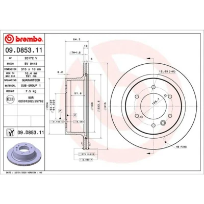Imagen de BREMBO 09.D853.11 Disco de freno 315 18 6 ventilación interna revestido