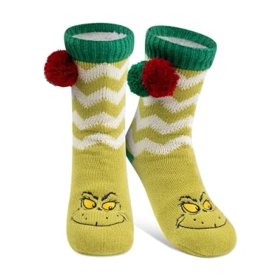 Imagen de United Labels The Grinch calcetines de cabaña casa con pompón y forro sherpa para mujer, mullidos invierno, cálidos, talla única, verde, verde