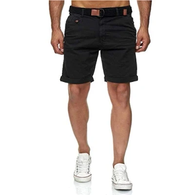 Imagen de Indicode Conor Pantalones cortos chinos para hombre, con cinturón, 100% algodón, bermudas de corte regular negro S