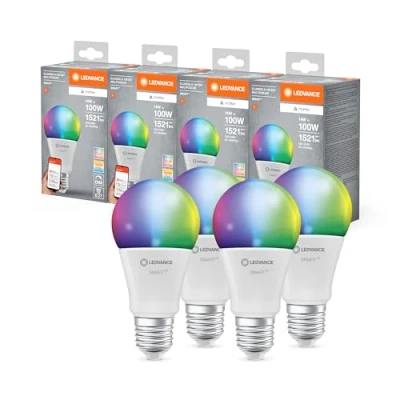 Imagen de LEDVANCE Lámpara LED SMART+ MATTER, aspecto esmerilado, 14W, 1521lm, forma clásica con casquillo E27, función RGBW y luz blanca, control por aplicación o voz, vida útil de hasta 20.000 horas