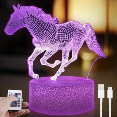 Imagen de luz nocturna para niños, lámpara de ilusión 3D habitación los LED, caballos niñas, luces nocturnas, mando a distancia, 16 colores cambiantes, regulable, regalos