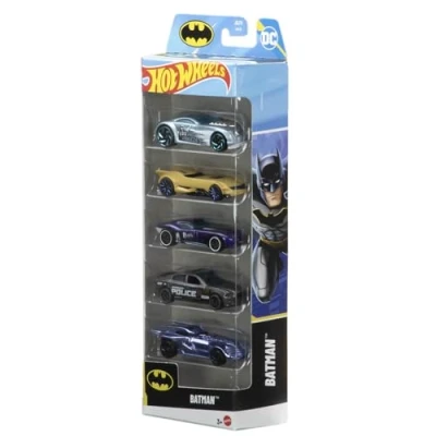 Imagen de Hot Wheels Batman Pack de cinco coches, conjunto vehículos metálicos a escala 1:64 con temática Batman, incluido el Batmobile, JDR18