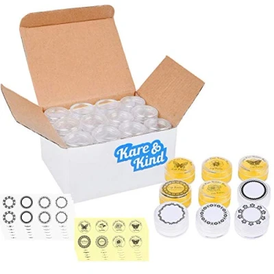 Imagen de Kare &amp; Kind 48 paquetes de tarros vacíos naturales para bálsamo labial, recipientes cosméticos, con tapas transparentes rosca, 5 gramos, incluye calcomanías labial (48 + 96