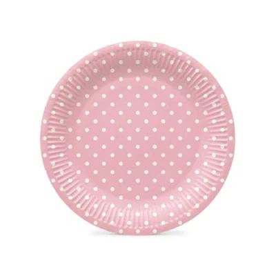 Imagen de PAW Platos Desechable para Fiestas (23 cm) I 8 Piezas de Papel Ideal Bodas, Comuniones, Fiestas, Cumpleaños Impresión Vasos al Agua Lunares Rosa Claro