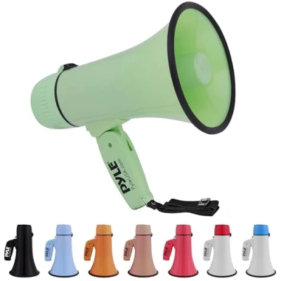 Imagen de Pyle PMPRA213GR Lightweight and Portable Bullhorn Megaphone, Aux (3.5mm) Input for MP3/Music, Automatic Siren, 20 Watt, Mic/Talk (Green), Unisex Adult, One Size