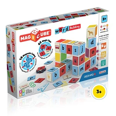 Imagen de Geomag Magicube Word Building 084 16 Cubos magnéticos y 63 Clips magnético Construcciones magnéticas Juegos educativos, Multicolor, 79 Piezas