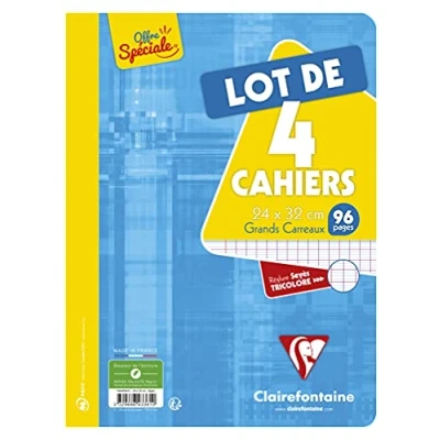 Imagen de Clairefontaine 643361C Lot de 4 Cahiers Agrafés 24x32 cm 96 Pages Grands Carreaux Papier Blanc 90 g Couverture Carte Pelliculée Couleur Aléatoire