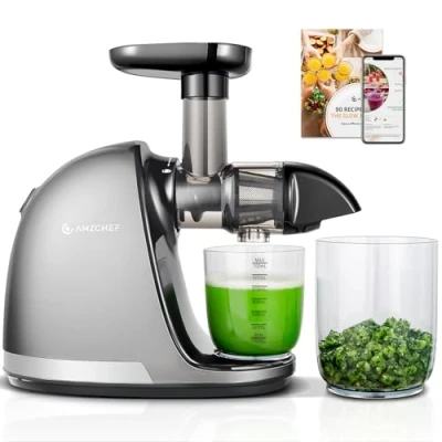 Imagen de AMZCHEF Licuadora prensado en frío Extractor de zumos y verduras Licuadoras para con 2 depósitos cepillo Cold press slow juicer machine función masticación inversa Plata