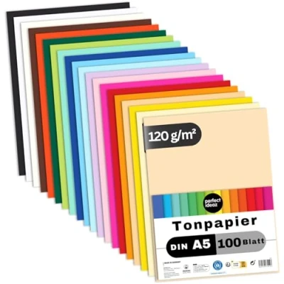 Imagen de perfect ideaz Papel tintado DIN A5 (148 x 210 mm) 100 hojas de colores, en 20 colores diferentes, grosor 120g/m², para manualidades la mayor calidad