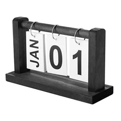 Imagen de calendario de escritorio perpetuo madera, vintage, negro para oficina en casa, accesorios boda