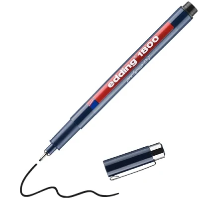 Imagen de edding 1800 rotulador calibrado negro x1 ancho de línea 0,7 mm para escritura precisa, esbozos y dibujo técnico punta fina con soporte metálico, adecuado usar reglas plantillas