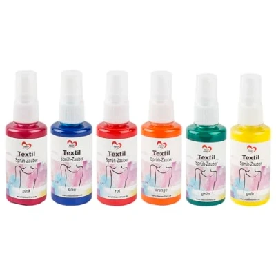 Imagen de Ideen mit Herz Pintura en spray para textiles de 6 x 50 ml, colores pigmentados con el máximo brillo claros, a base agua (spray mago 1 rosa, azul, rojo, naranja, verde, amarillo)